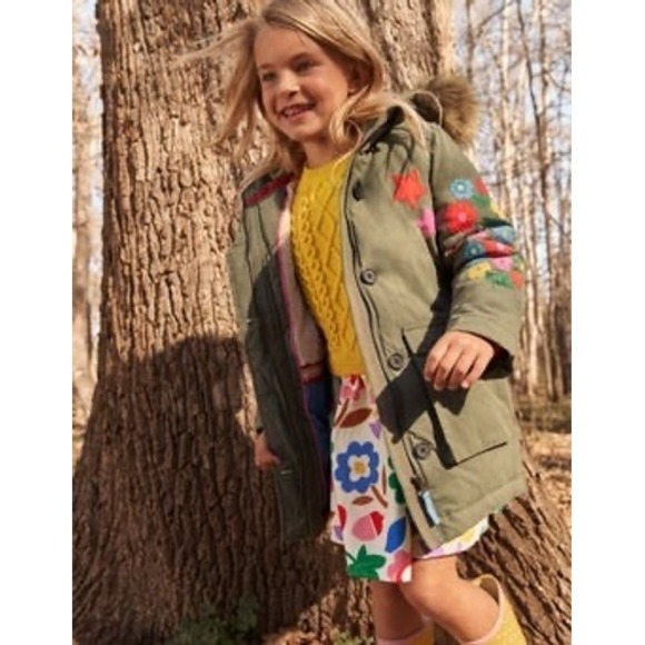 Mini Boden Other - Mini Boden Girls‎ Embroidered Parka Coat Faux Fur Hood Fleece Lined 11-12Y
